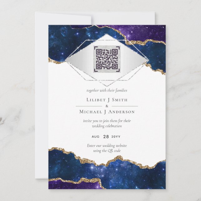 Modern Agate Blue WEDDING SUITE QR Code Invitation (Front)
