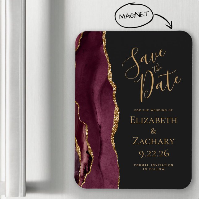Modern Agate Burgundy Gold Save the Date Magnet (Creator Uploaded)