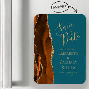 Modern Agate Burnt Orange Gold Teal Save the Date Magnet