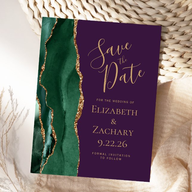 Modern Agate Emerald Green Purple Save the Date Announcement Postcard (Creator Uploaded)