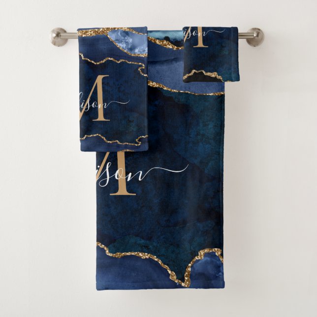 Modern Agate Geode Navy Blue Gold Monogram Script Bath Towel Set (Insitu)