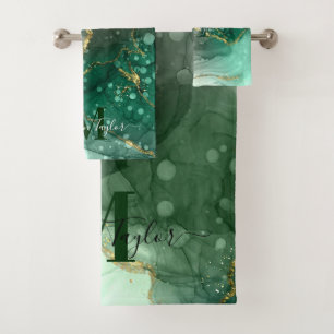 Modern Agate Geode Sea Green Gold Monogram Script Bath Towel Set