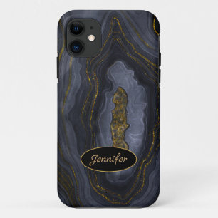 Modern Agate Grey & Gold Crystal Personalize iPhone 11 Case