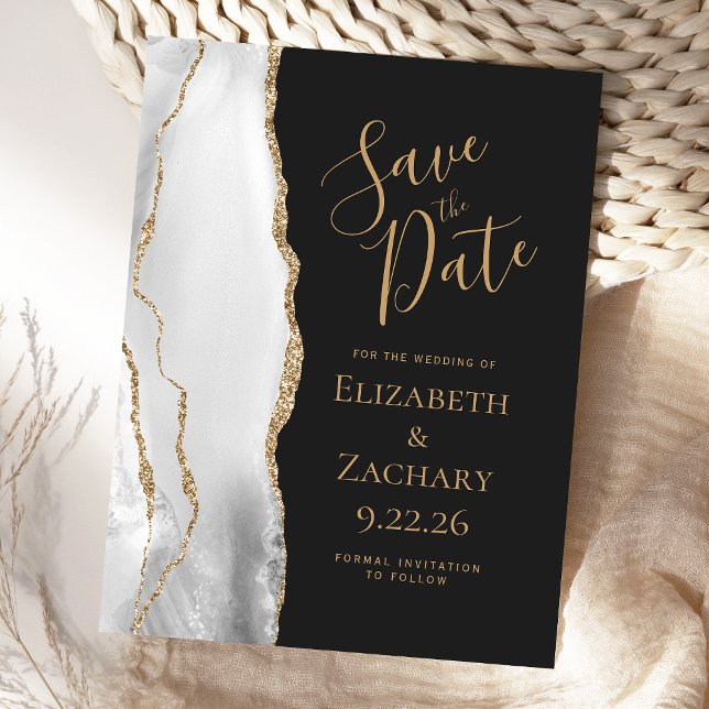 Modern Agate Grey White Gold Dark Save the Date Announcement Postcard (Creator Uploaded)