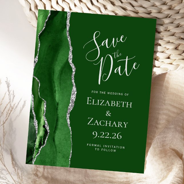 Modern Agate Hunter Green Silver Save the Date Announcement Postcard (Creator Uploaded)