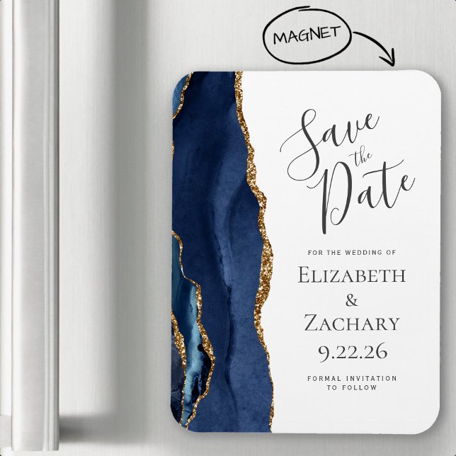 Modern Agate Navy Blue Gold Save the Date Magnet (Creator Uploaded)