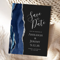 Modern Agate Navy Blue Silver Dark Save the Date
