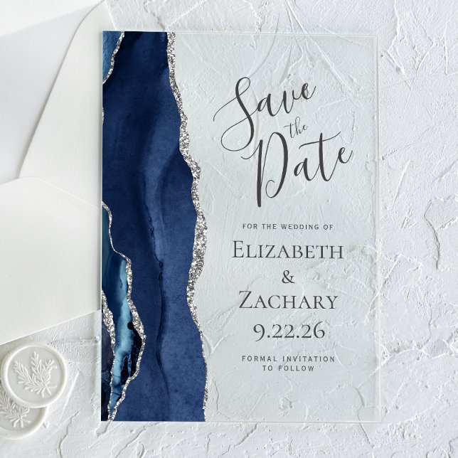 Modern Agate Navy Blue Silver Save the Date Acrylic Invitations (Creator Uploaded)