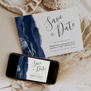 Modern Agate Navy Blue Silver Save the Date Card