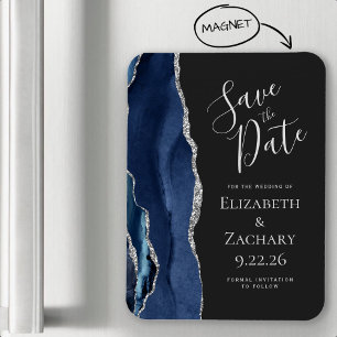 Modern Agate Navy Blue Silver Save the Date Magnet