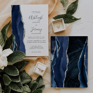 Modern Agate Navy Blue Silver Wedding Invitation