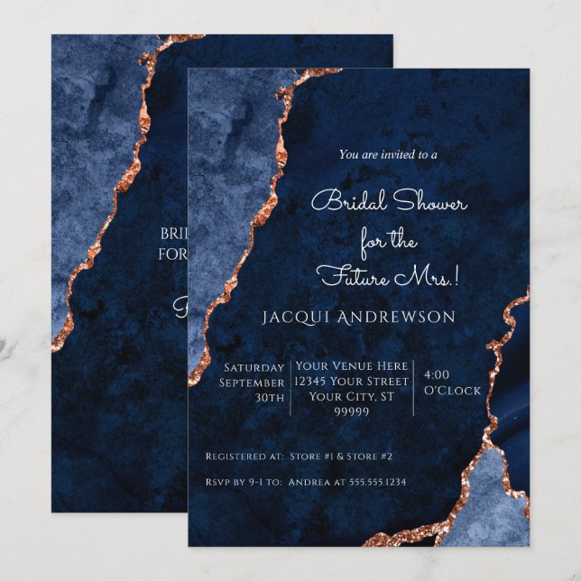 Modern Agate Navy Dusty Blue Rose Gold Bridal Invi Invitation (Front/Back)