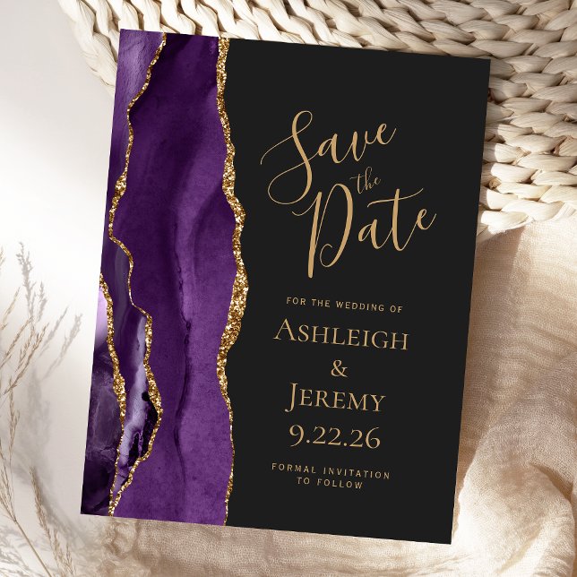 Modern Agate Purple Gold Dark Save the Date Postcard (Creator Uploaded)
