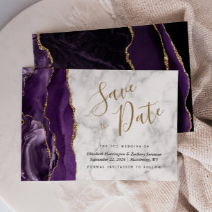 Modern Agate Purple Gold Marble Save the Date Card