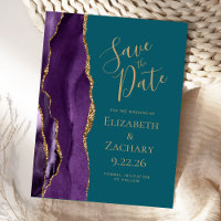 Modern Agate Purple Gold Teal Save the Date