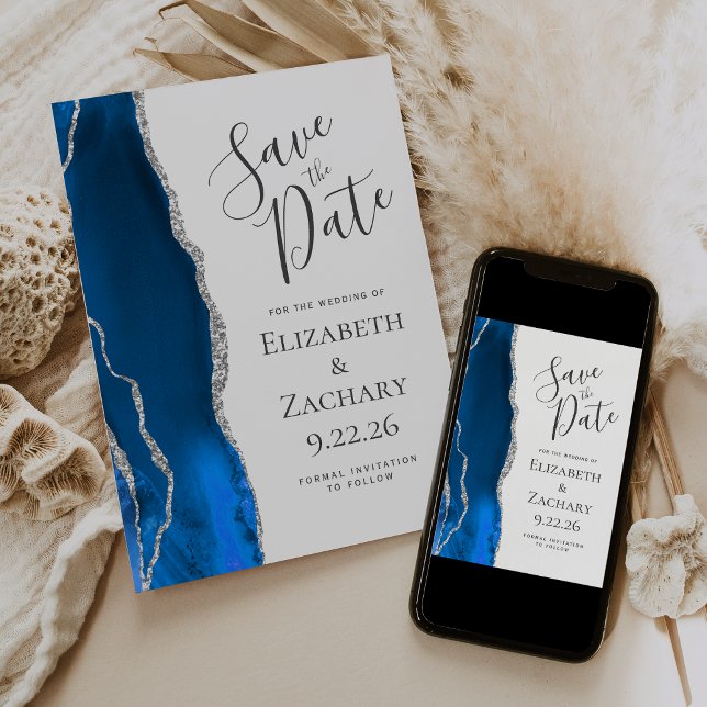 Modern Agate Royal Blue Silver Save the Date Card (Creator Uploaded)