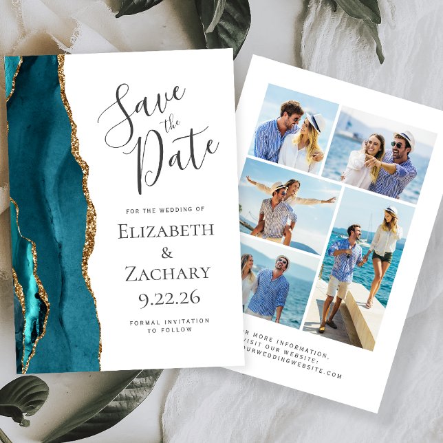Modern Agate Teal Blue Gold 5-Photo Save the Date Invitation (Creator Uploaded)