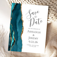 Modern Agate Teal Gold Wedding Save the Date