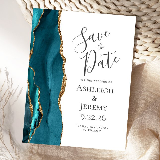 Modern Agate Teal Gold Wedding Save the Date Postcard (Creator Uploaded)