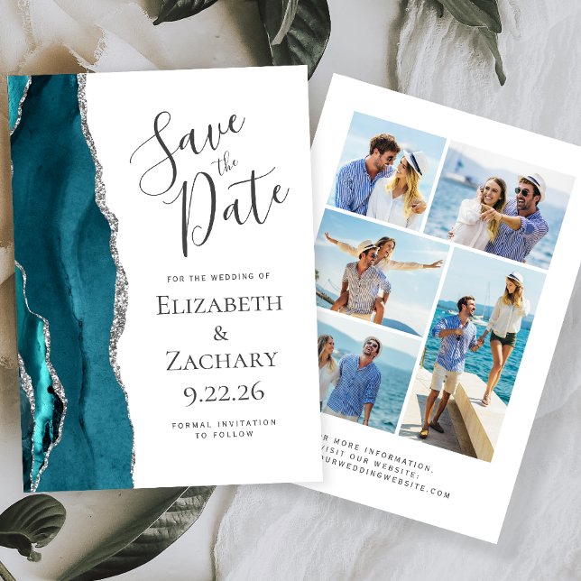 Modern Agate Teal Silver 5-Photo Save the Date Invitation (Creator Uploaded)