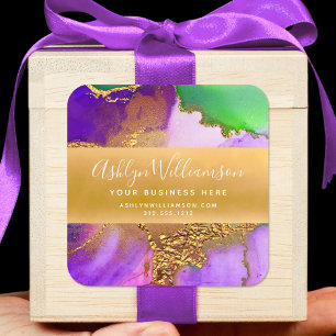 Modern agate watercolor gold purple green script square sticker
