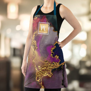Modern agate watercolor gold purple navy monogram apron