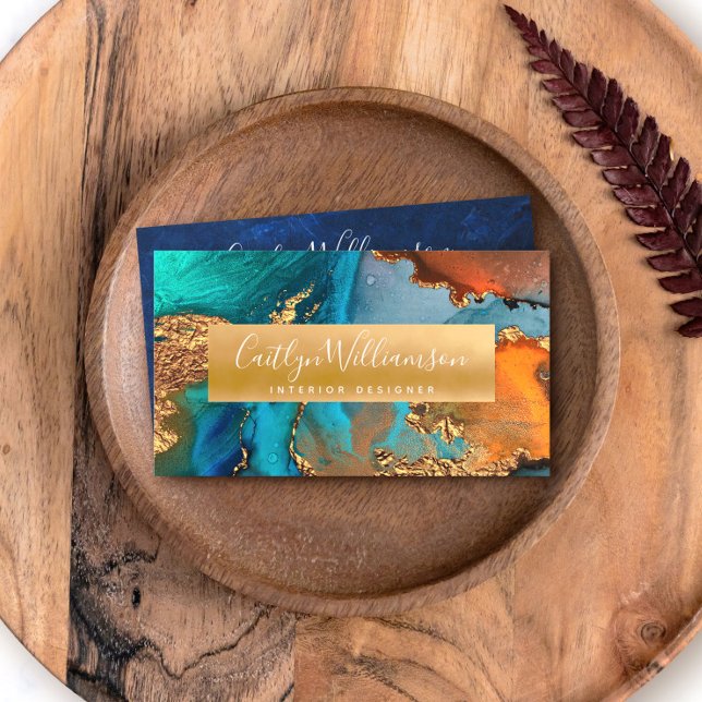 Modern agate watercolor turquoise gold orange business card (Creator Uploaded)