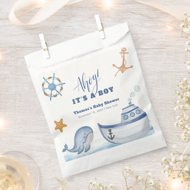 Modern Ahoy Boy Whale Sailboat Baby Shower  Favour Bag (Clipped)