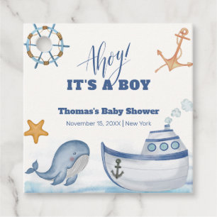 Modern Ahoy Boy Whale Sailboat Baby Shower Favour Tags