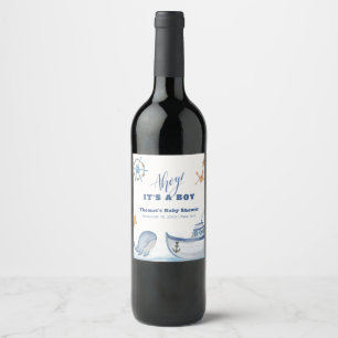 Modern Ahoy Boy Whale Sailboat Baby Shower Wine Label