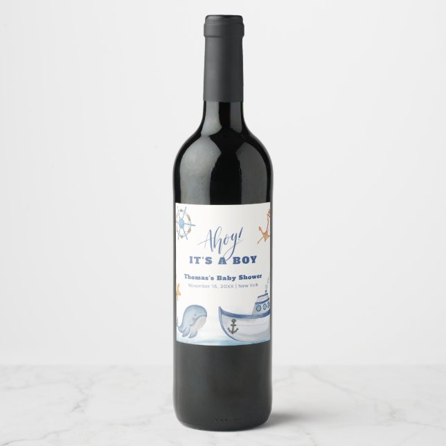 Modern Ahoy Boy Whale Sailboat Baby Shower  Wine Label (Front)