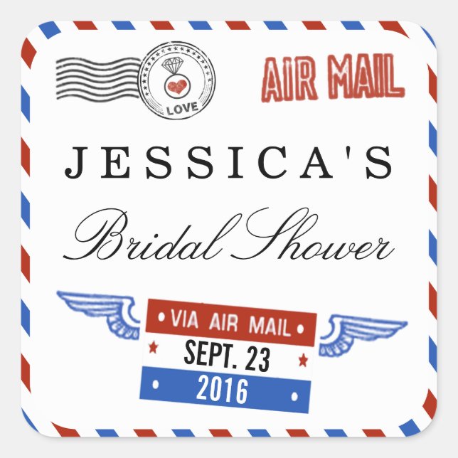 Modern Airmail Bridal Shower Favour Square Sticker (Front)