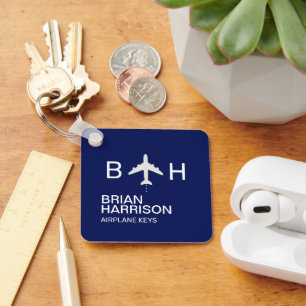 Modern Airplane Monogram Blue Logo Keychain