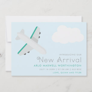 Modern Airplane New Arrival Baby Boy Photo Birth Announcement