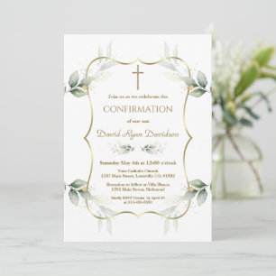Modern Airy Greenery Gold Cross Boy Confirmation  Invitation
