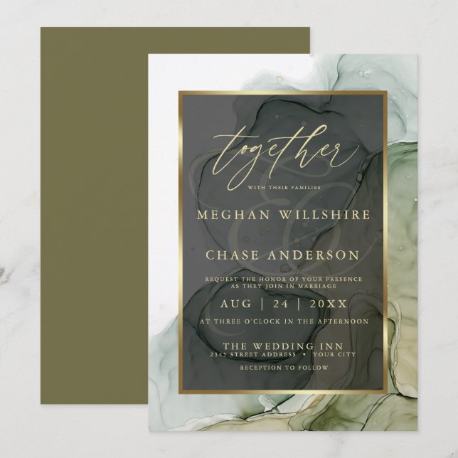 Modern Alcohol Ink Rich Earthy Green Invitation (Front/Back)