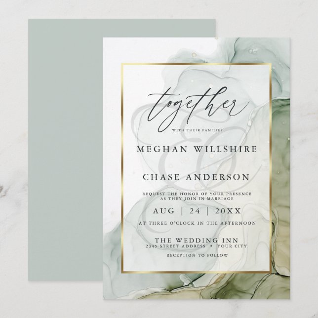 Modern Alcohol Ink Wedding Faded Sage Green Invitation (Front/Back)