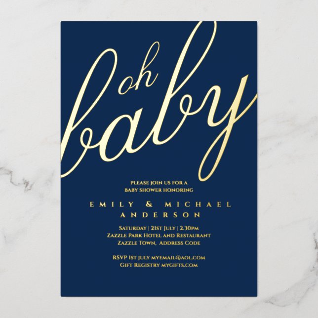 Modern All-in-1 GOLD FOIL Blue BABY SHOWER (Front)