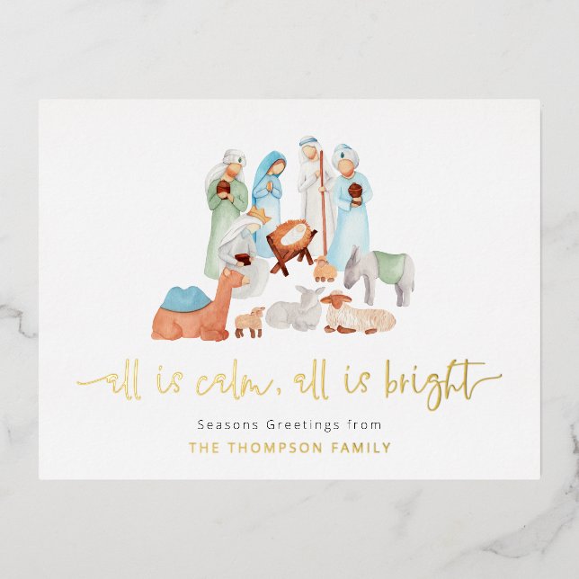 Modern All Is Calm Nativity Scene Name Real Foil Holiday Postcard (Front)