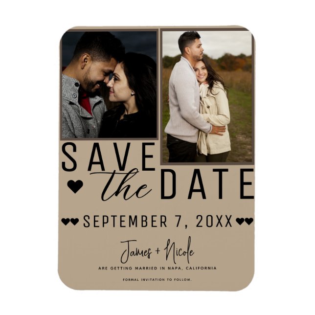 Modern Almond Beige Save the Date 2 Photo Wedding Magnet (Vertical)