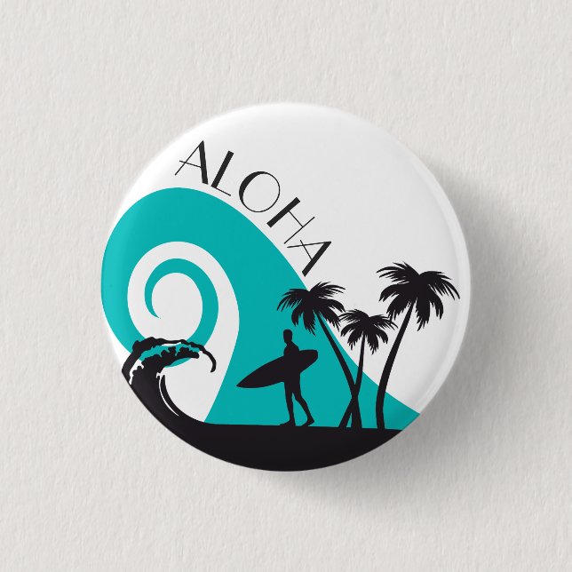 Modern Aloha Surf and Palm Trees 1 Inch Round Button (Front)