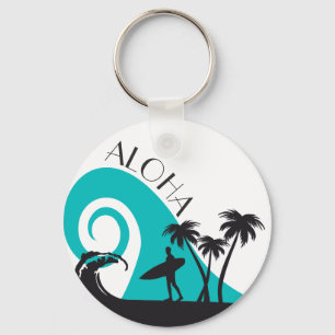 Modern Aloha Surf and Palm Trees Keychain