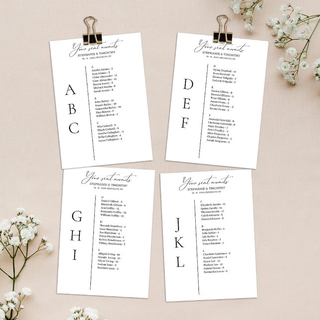 Modern Alphabetical Wedding Seating Chart Card (Convenient and organized wedding seating chart with alphabetical name arrangement.)