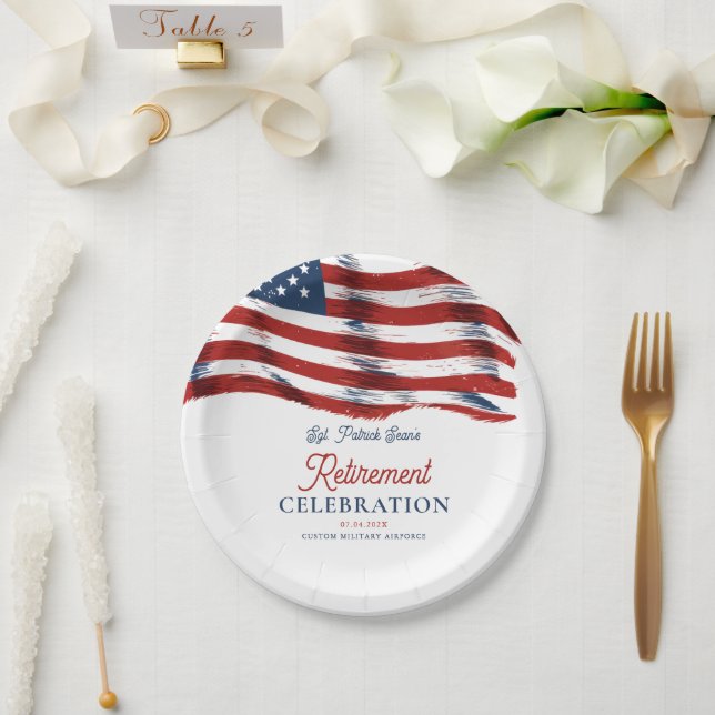  Modern American Flag 4th of July Army Retirement  Paper Plate (Wedding)