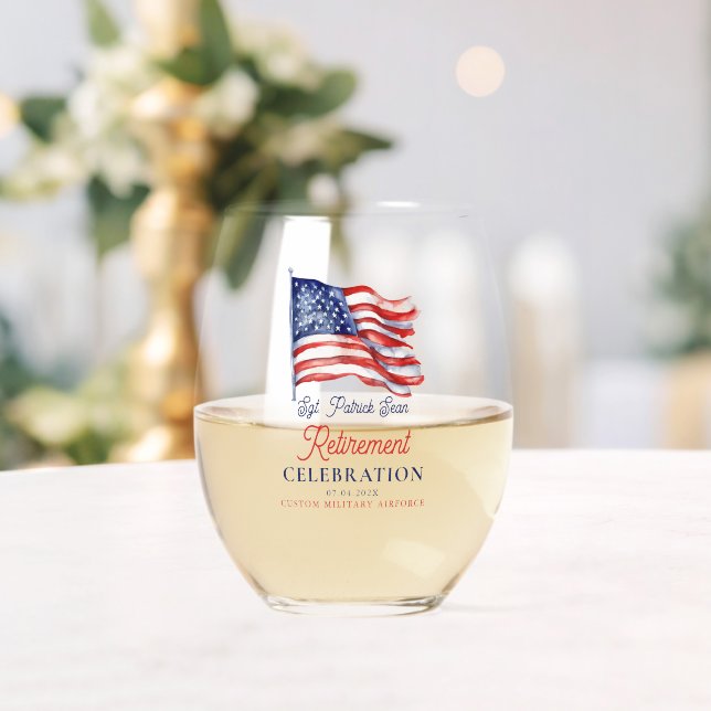 Modern American Flag 4th of July Army Retirement Stemless Wine Glass (Insitu (Wedding))
