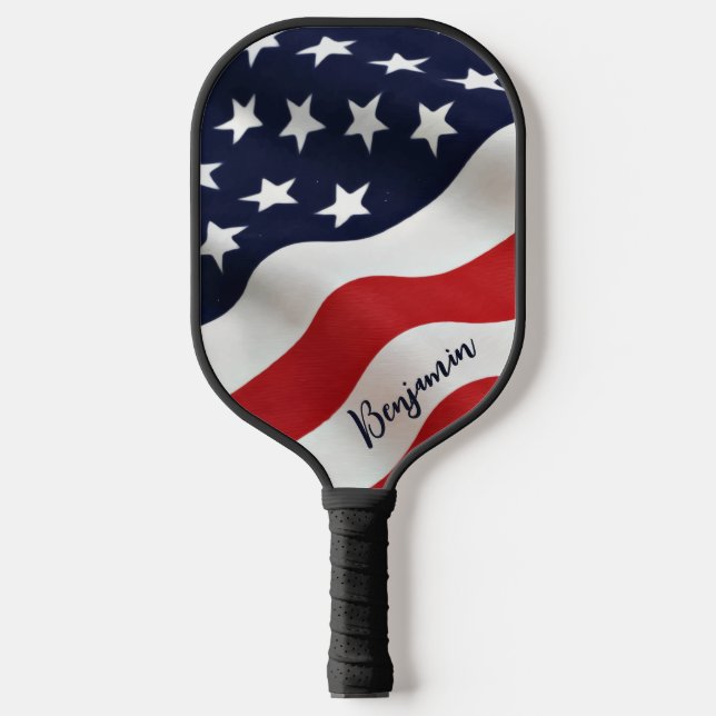 Modern American Flag Personalized Name Patriotic Pickleball Paddle (Front)