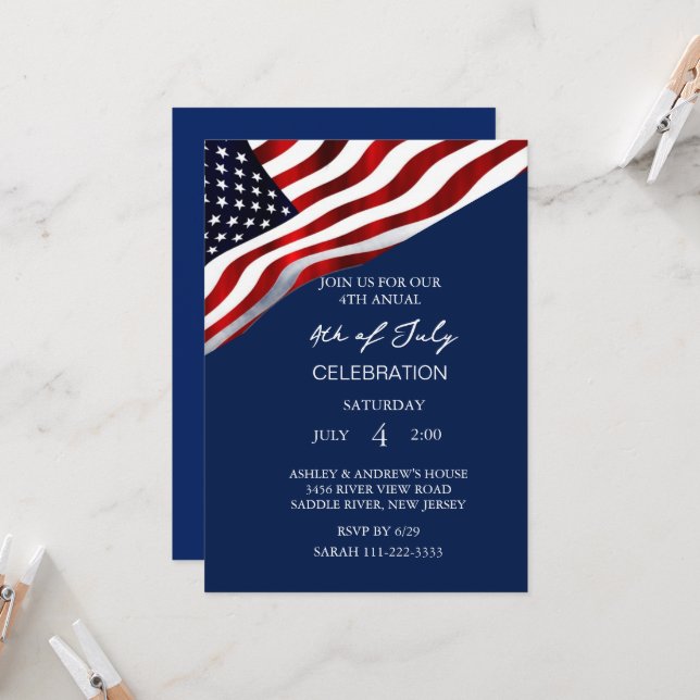 Modern American Flag Red White And Blue Patriotic  Invitation (Front/Back In Situ)