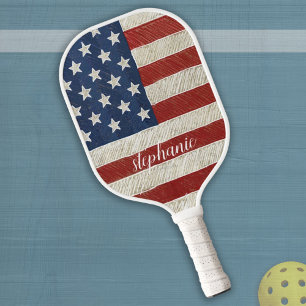 Modern American Flag with Trendy Script Name Pickleball Paddle