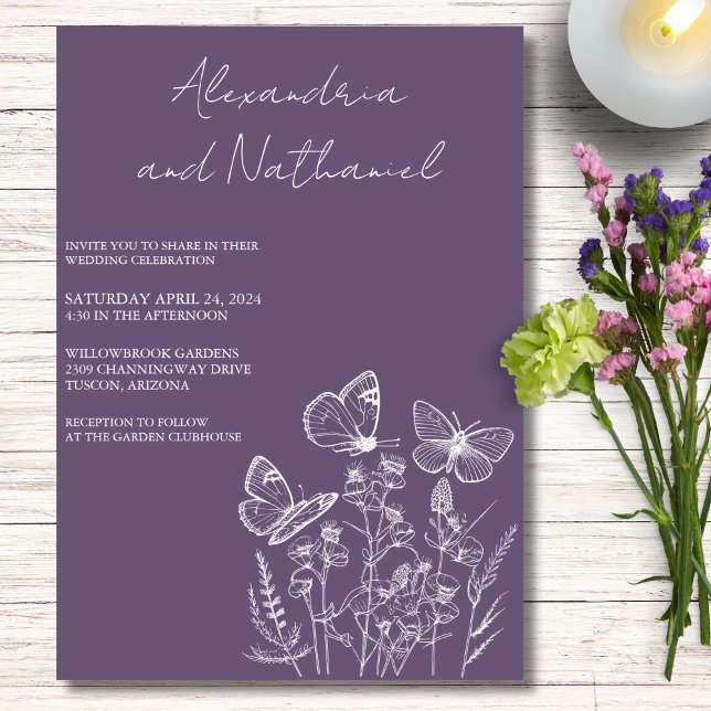 Modern Amethyst Purple & White Butterfly Wedding  Invitation (Creator Uploaded)