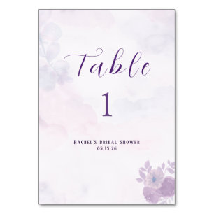 Modern Amethyst Watercolor Floral Bridal Shower Table Number
